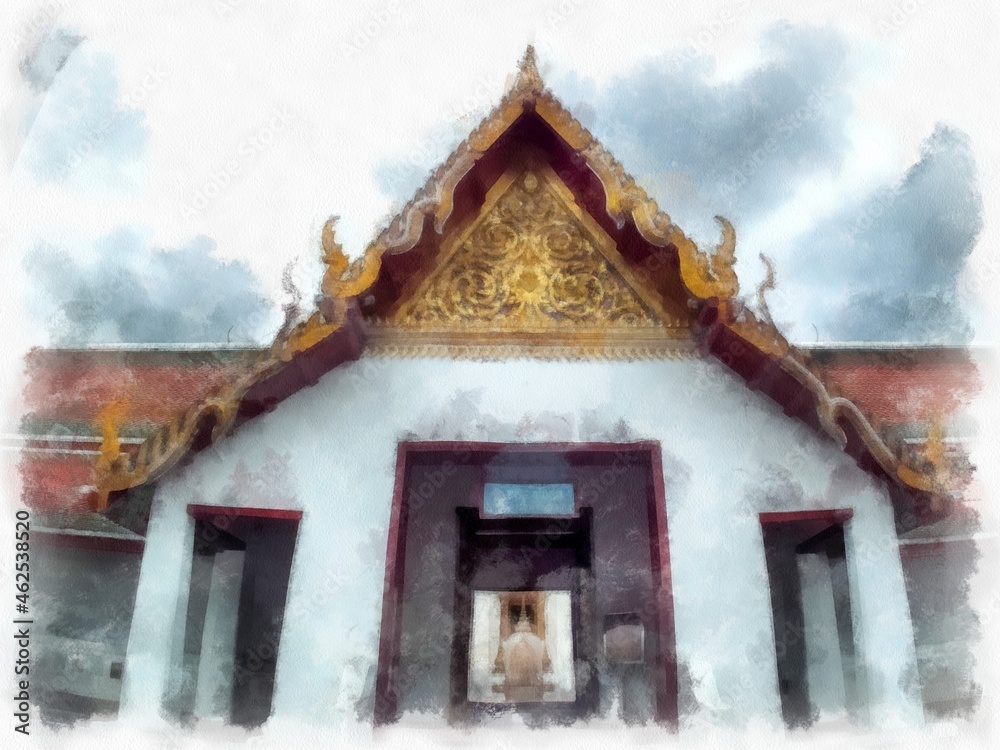 Fototapeta premium Ancient architecture of Thailand watercolor style illustration impressionist painting.