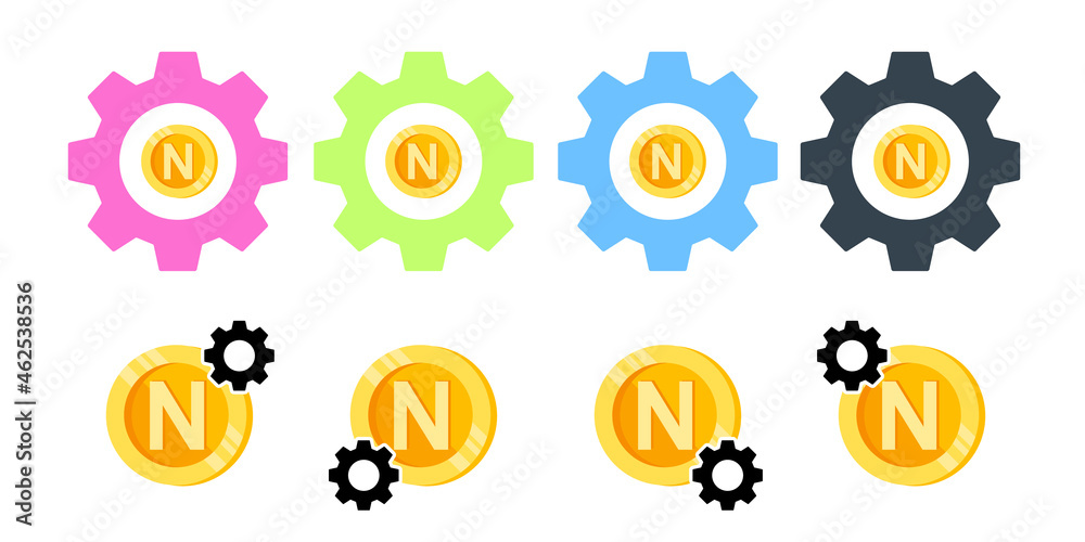 N, letter, coin color vector icon in gear set illustration for ui and ux, website or mobile application