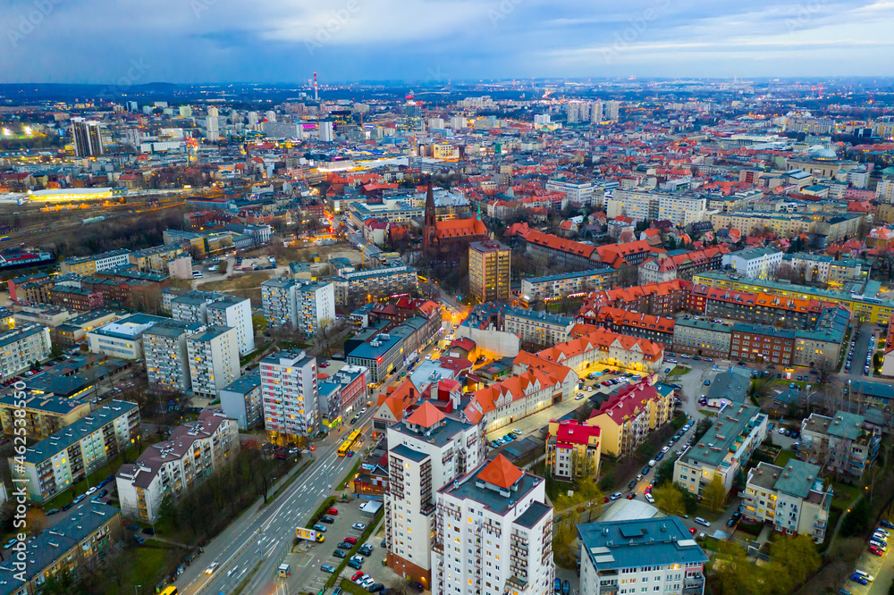 Aerial view of modern landscape of Polish city of Katowice on spring evening, Silesian Voivodeship