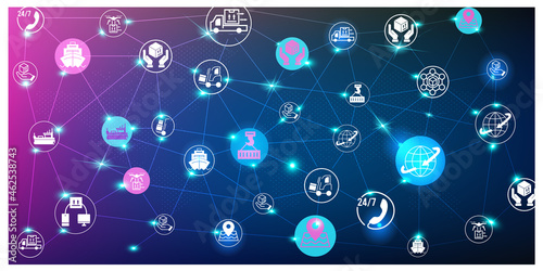 Smart Logistics background with global logistics Warehouse Logistics, Sea Freight Logistics partnership. Digital connect system with integrated circles, glowing line icons. Vector illustration eps10