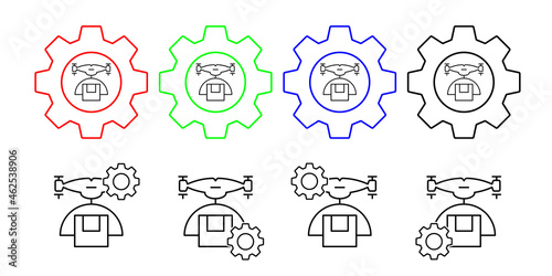 Drone with parcel field outline vector icon in gear set illustration for ui and ux, website or mobile application