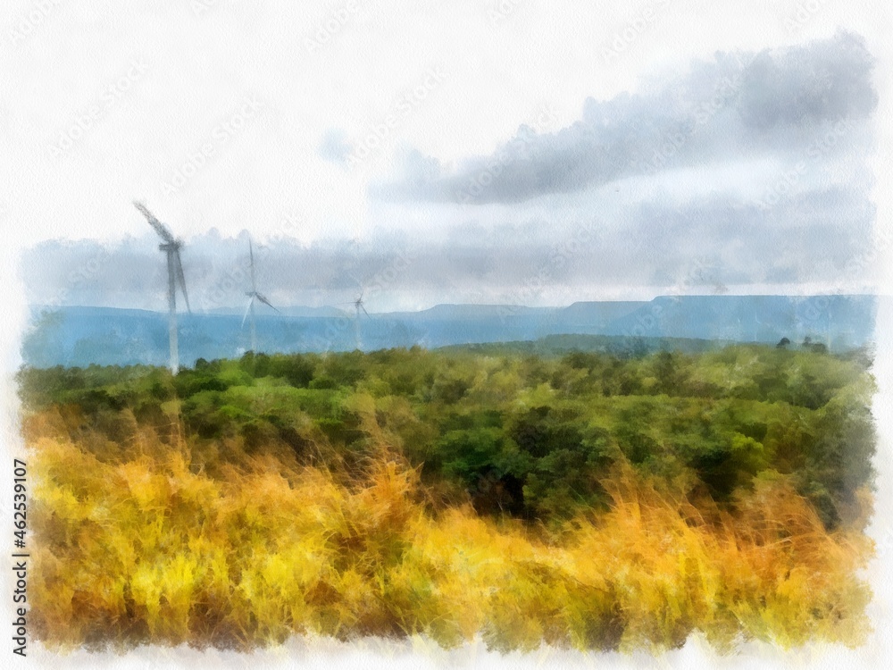 wind turbine watercolor style illustration impressionist painting. wind turbine watercolor style illustration impressionist painting.
