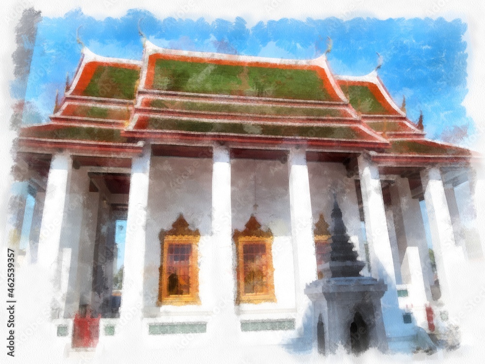 Ancient architecture of Thailand watercolor style illustration impressionist painting. Ancient architecture of Thailand watercolor style illustration impressionist painting.