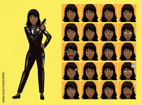 Manga Style Secret Agent Spy Woman Jumpsuit Clothes Cartoon Character Emotion