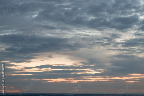 Beautiful sunset sky above clouds with dramatic light, Beautiful blazing sunset landscape, Copy space, No focus, specifically.