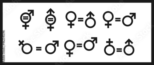 Gender equality icon. Equity parity men and women logo. Collection of black icons isolated on white background. Flat element design. Vector illustration.
