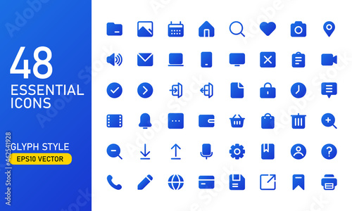 A collection of frequently used essential icons. Suitable for design elements of UI and UX. Essential icon set in glyph style.