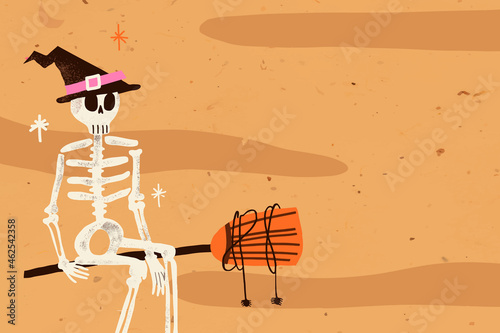 Cartoon Halloween background vector illustration, spooky skeleton witch