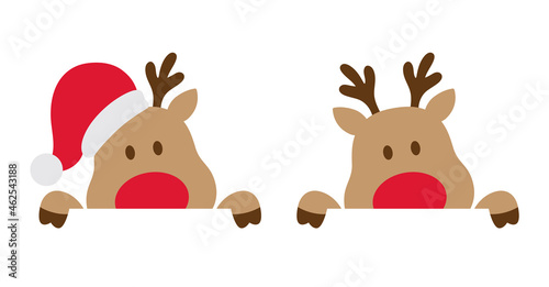 Cute baby Christmas reindeer with Santa hat peeking out vector illustration.