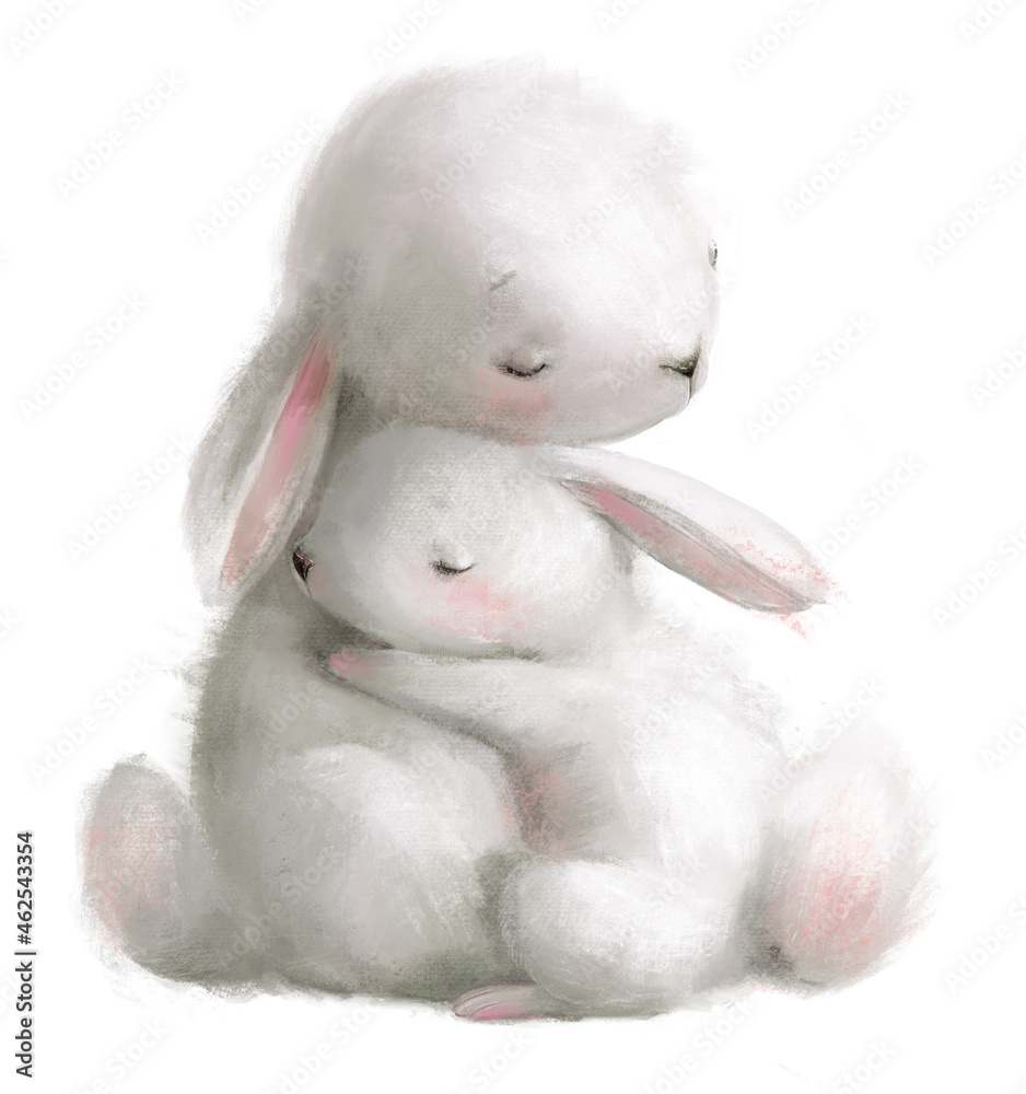 cute watercolor hares - mom and her kid - obrazy, fototapety, plakaty 
