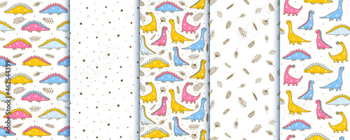 Set of seamless patterns with cute dinosaurs - cartoon backgrounds for children textile and wrapping design