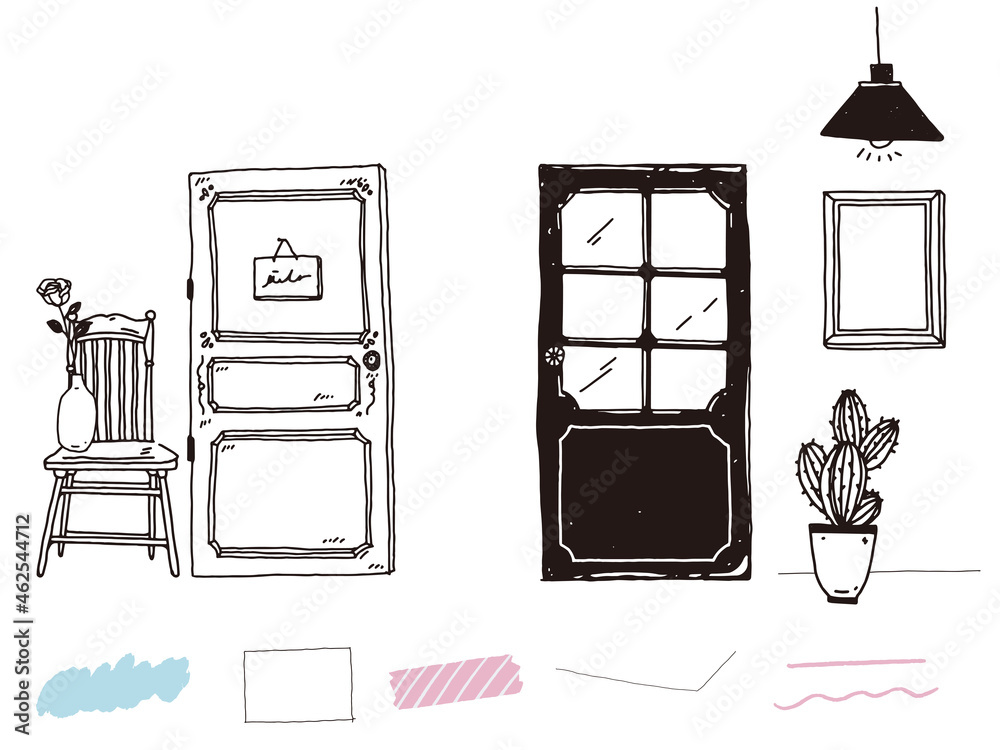 白黒 モノトーン 線画のイラスト 手書き オシャレ 雑誌 カフェ ファッション インテリア 花 ドア 本 Black And White Monotone Line Drawing Illustrations Handwritten Stylish Magazines Cafes Fashion Interior Design Flowers Doors Books
