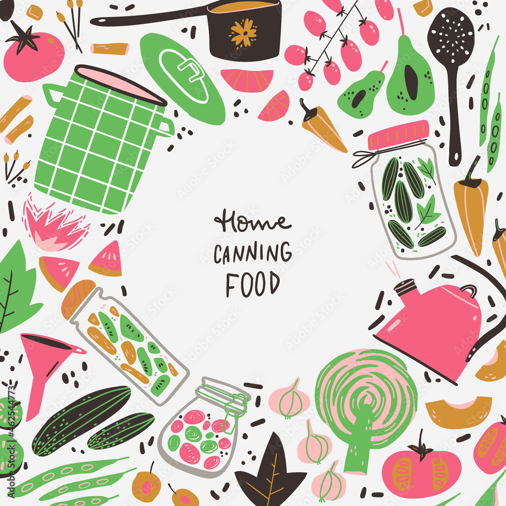 Home canning doodle frame. Food, kitchen equipment, jars, fruits and vegetables.