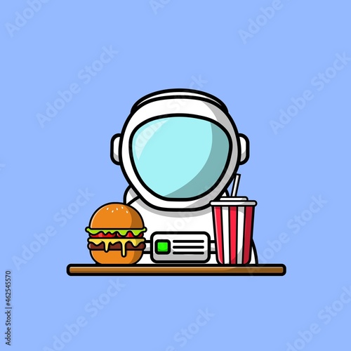 Cute Astronaut With Burger And Soda Cartoon Vector Icon Illustration. Science Food And Drink Icon Concept Isolated Premium Vector. Flat Cartoon Style