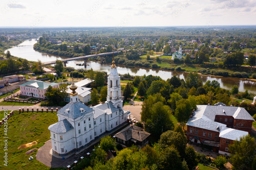 View from drone of Buy town with Blagoveshchensky cathedral at Kostroma region, Russia