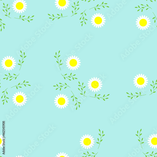 Floral seamless pattern. White chamomile or daisies on a green background. Endless pattern for textiles and fabrics, wrapping paper, packaging, bed linen, cover. Vector illustration.