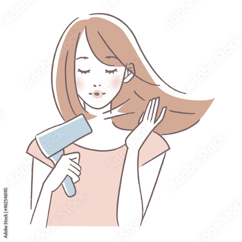 ドライヤーを片手に髪の毛を乾かす女性のイラスト