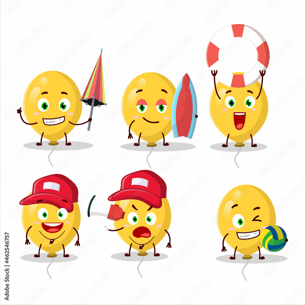 Happy Face yellow balloons cartoon character playing on a beach