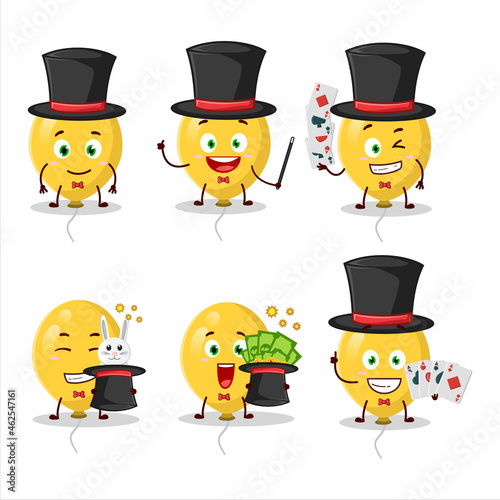 A yellow balloons Magician cartoon character perform on a stage