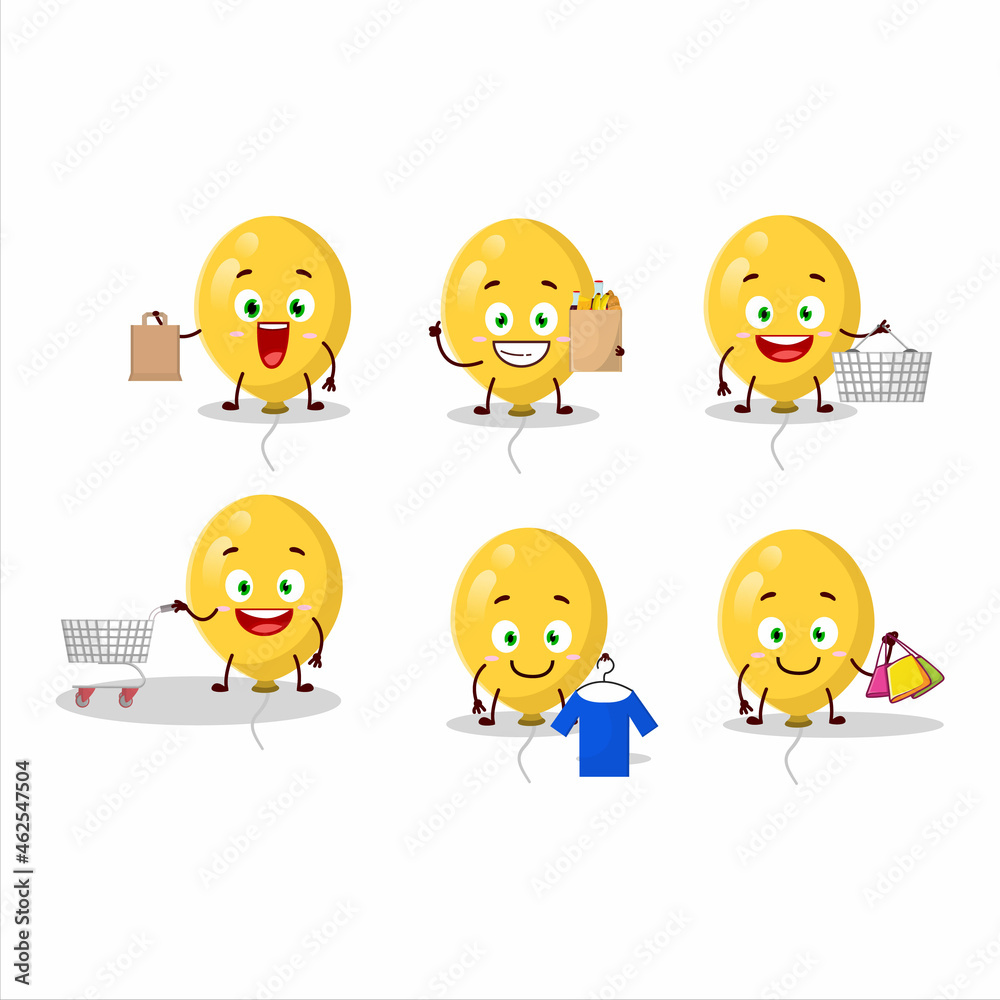 A Rich yellow balloons mascot design style going shopping A Rich yellow balloons mascot design style going shopping