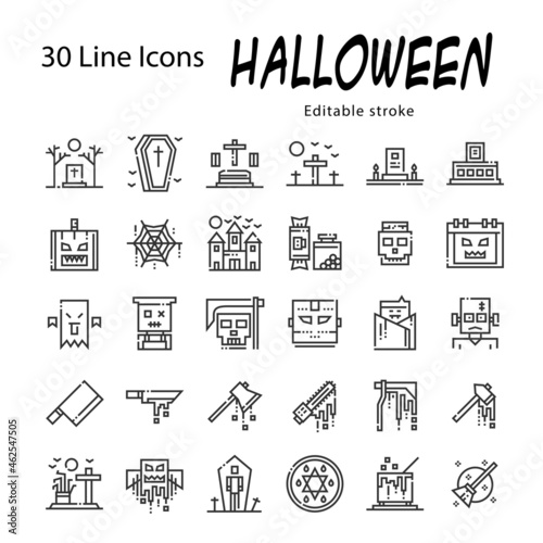 30 Line Icons set for Halloween festival , editable line icon vector for interface, decorating , etc