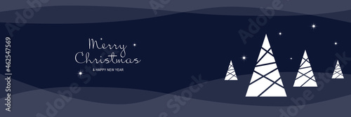 Merry Christmas and New Year 2022 poster. Xmas minimal banner with holiday symbols of festive trees in abstract winter night and text on white background. Vector illustration for greeting card design