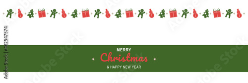 Merry Christmas and New Year 2022 poster. Xmas minimal banner with holiday symbols border and text on white background. Horizontal header of website. Vector illustration for greeting card design