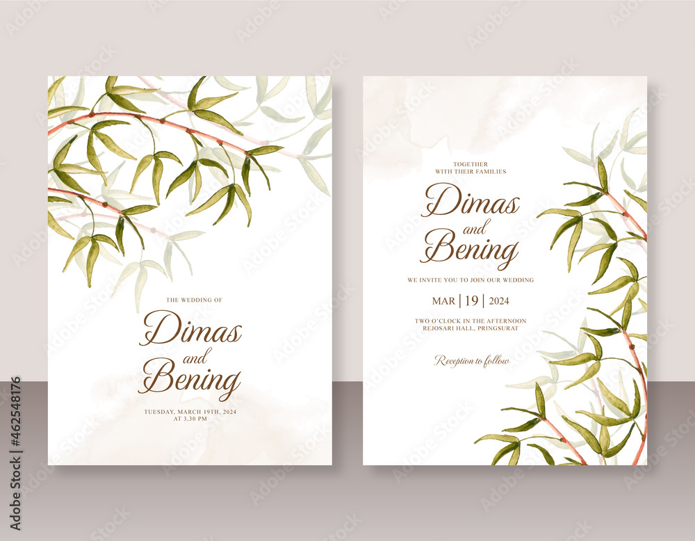 Elegant wedding invitation with leaves watercolor
