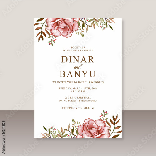 Elegant wedding card template with rose flower watercolor