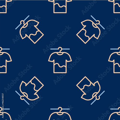 Line Drying clothes icon isolated seamless pattern on blue background. Clean shirt. Wash clothes on a rope with clothespins. Clothing care and tidiness. Vector