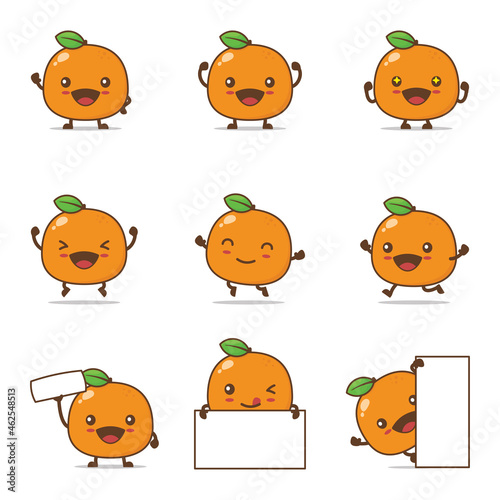 orange cartoon, fruit vector illustration, with happy facial expressions and different poses