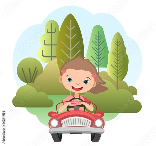 Childrens trip in a small car. Kid girl drives a pedal or electric toy automobile. Cartoon illustration. Isolated. Summer rural landscape. Vector