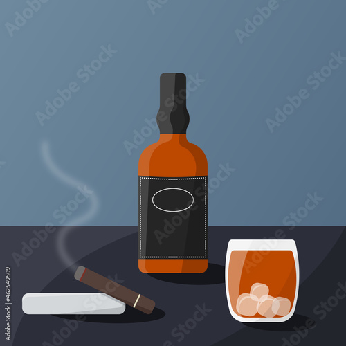 A bottle of whiskey with a glass stand on the table