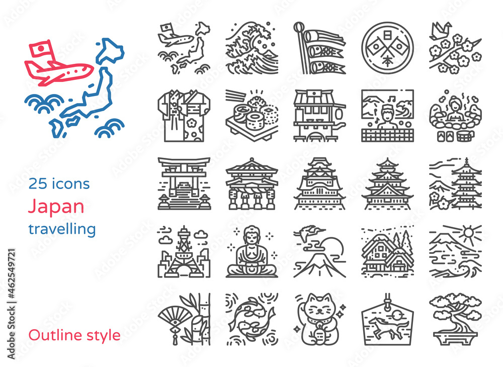 Japan travel outline icon vector illustration set.Pixel perfect.Included the icons as wooden wishing hanging,lucky cat,hot spring public bath,koinobori carp streamer and more