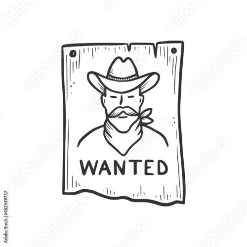 Hand drawn bandit cowboy wanted element. Comic doodle sketch style. Cowboy bandit, western concept icon. Isolated vector illustration.