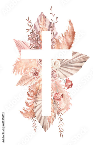 boho watercolor cross with dry eucalyptus and tropical flowers on a white background. Design for first communion, baptism, easter