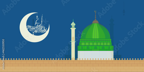 EID Milad Un Nabi Mubarak. A creative abstract with beautiful design illustration of green mosque and moon in a background with the text of EID Milad Un Nabi Mubarak (Translation Birth of the Prophet) photo