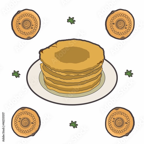 Thin cakes on a plate. Food composition: tortillas and tandoor bread. Vector.