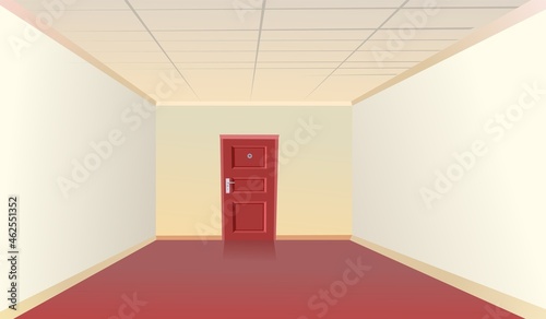 Hallway house. Empty hallway in the building. One door at the end of the room. Light interior. Illustration cartoon style flat design. Vector