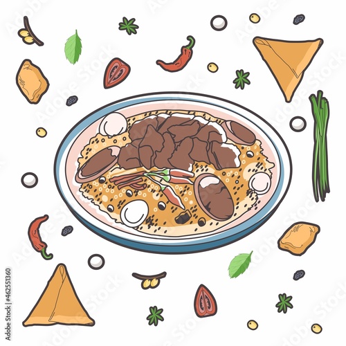 Rice (palau) with horse sausage (kazy karta). Central Asian dishes. Vector.