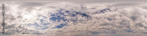 Blue sky panorama with Cumulus clouds. Seamless hdr 360 degree pano in spherical equirectangular format. Complete zenith for 3D visualization  game and sky replacement for aerial drone 360 panoramas.