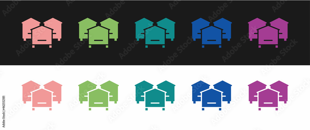 Set Hive for bees icon isolated on black and white background. Beehive symbol. Apiary and beekeeping. Sweet natural food. Vector Set Hive for bees icon isolated on black and white background. Beehive symbol. Apiary and beekeeping. Sweet natural food. Vector