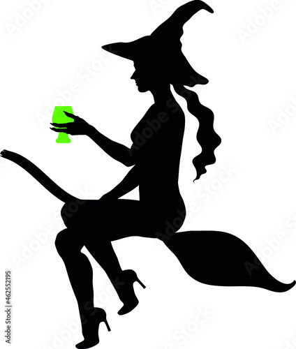 The witch silhouette flies astride a broomstick with a glass in hand.  Vector. Isolated
