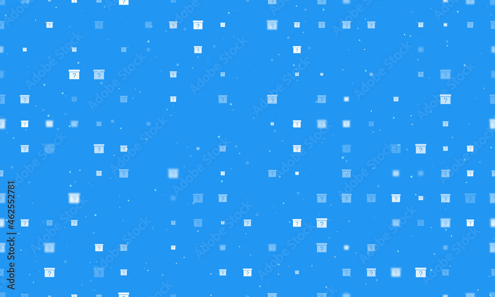 Seamless background pattern of evenly spaced white gift box with a question symbols of different sizes and opacity. Vector illustration on blue background with stars Seamless background pattern of evenly spaced white gift box with a question symbols of different sizes and opacity. Vector illustration on blue background with stars