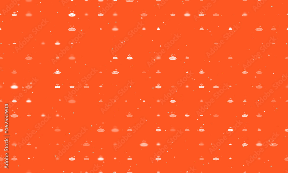 Seamless background pattern of evenly spaced white hot pie symbols of different sizes and opacity. Vector illustration on deep orange background with stars Seamless background pattern of evenly spaced white hot pie symbols of different sizes and opacity. Vector illustration on deep orange background with stars