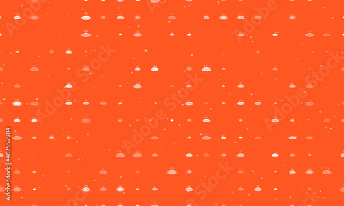 Seamless background pattern of evenly spaced white hot pie symbols of different sizes and opacity. Vector illustration on deep orange background with stars
