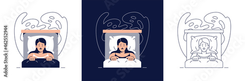 Nightmare disorder illustration set. Scared woman is waking up from a nightmare and lying in bed. Sleeping disorder, insomnia, bad dream concept collection for web, banner design.Modern flat vector