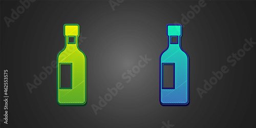 Green and blue Bottle of wine icon isolated on black background. Vector