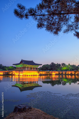 The pavilions of Anapji Pond lit up as evening comes on in Gyeongju, South Korea