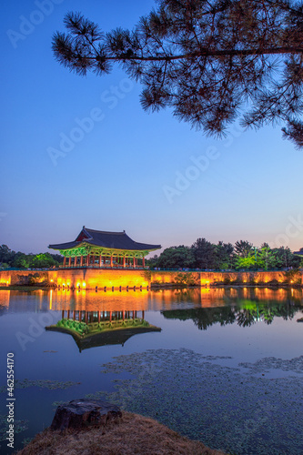 The pavilions of Anapji Pond lit up as evening comes on in Gyeongju  South Korea